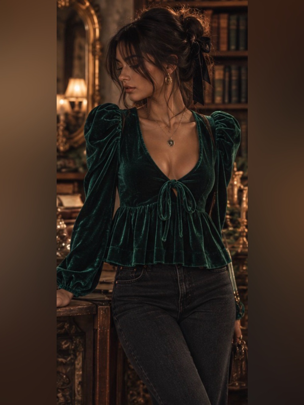 Maeve Anthropologie Velvet peplum Top Emerald Green Puff Sleeve Tie Front